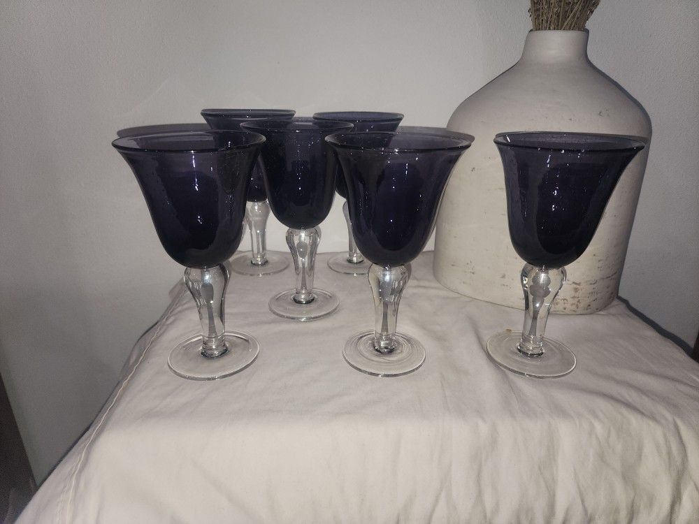 Artland Stemmed Purple Water Goblets Hand Blown Bubble Seeded 12 Ounce Set of 6