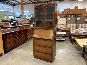 Vintage Mid-Century Modern Wooden 3 Drawer Secretary Desk Hutch with Recessed Finger Pulls and Key
