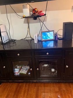 Dark Wood TV Stand with Glass Doors