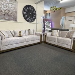 2pc Turkish Style Living Room Set – Sofa & Loveseat Beige/Gold