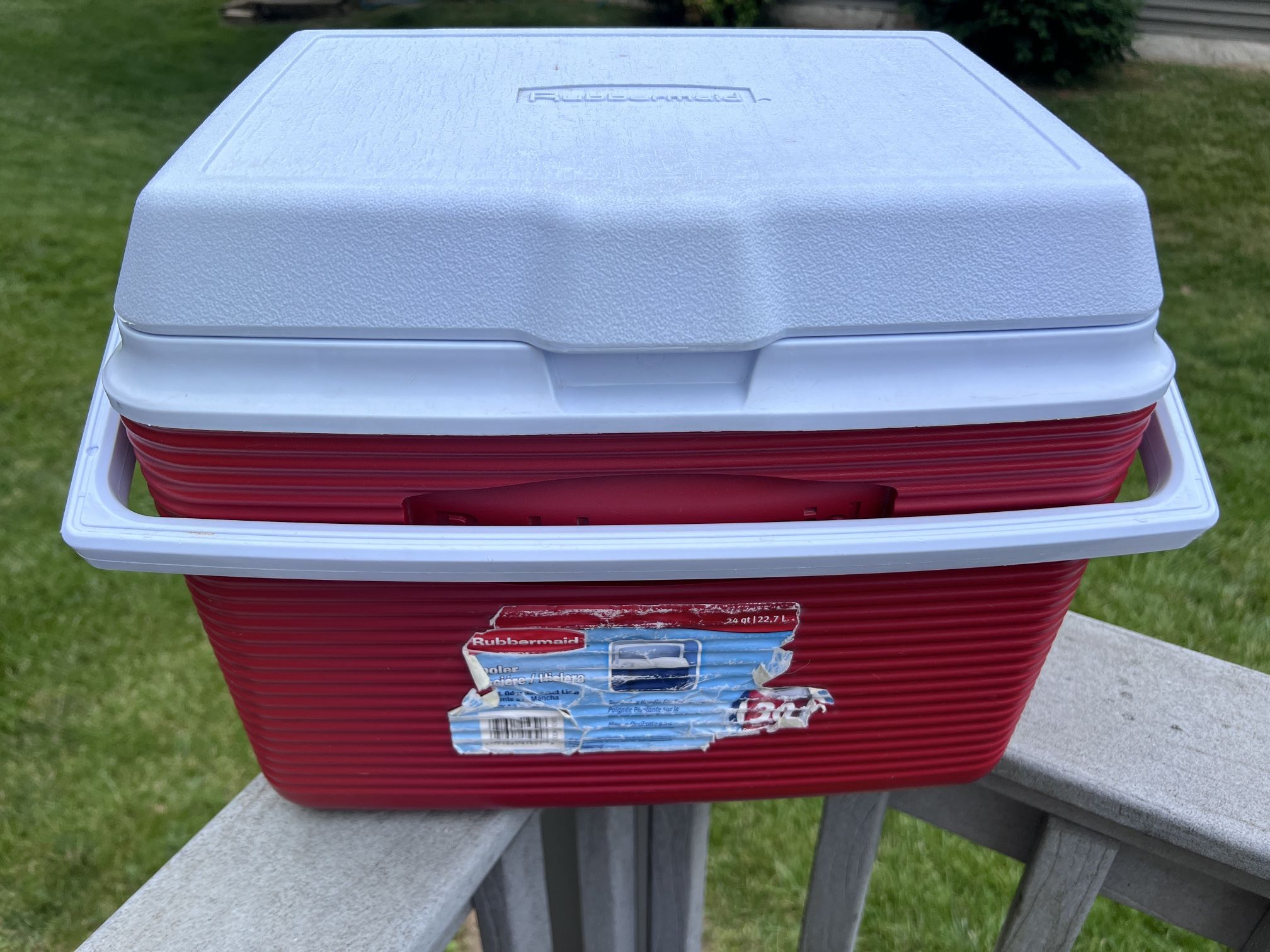 24 gal cooler in clean condition, lid only hinges on left side