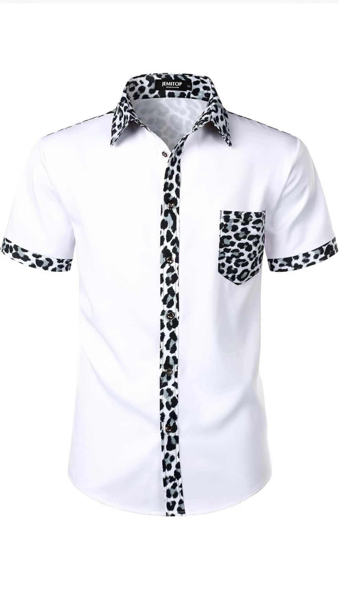 Men'S Stretchy Causal Leopard Cheetah Print Short Sleeve Slim Fit Button up Shir