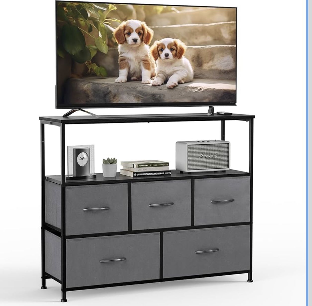 OLIXIS TV Stand for Bedroom with 5 Fabric Drawers, Wooden Top Bedside Storage Cabinet, Dresser for Bedroom with Shelves, Multi-Functional for Dorm Roo