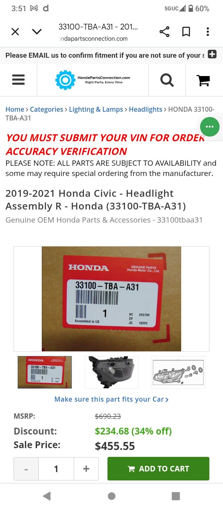 2019 2020 2021 2022 Honda Civic Headlight
