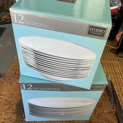 Studio Platinum 12-piece porcelain bowl set and a 12-piece porcelain dinner plate set. 