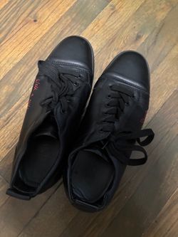 Black Leather Low-Top Sneakers with Red Script