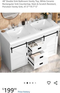 48" Double Sink Bathroom Vanity Top, White Ceramic Rectangular Sink Countertop, Stain & Scratch Resistant, Porcelain Vanity Sink, 47.3"*19.7"*2"