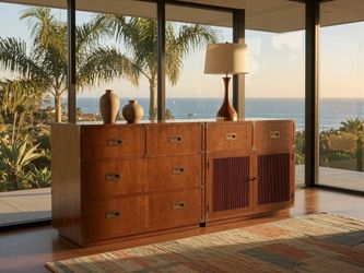 Vintage Henredon Campaign Dresser Credenza Set | Mid Century Brass