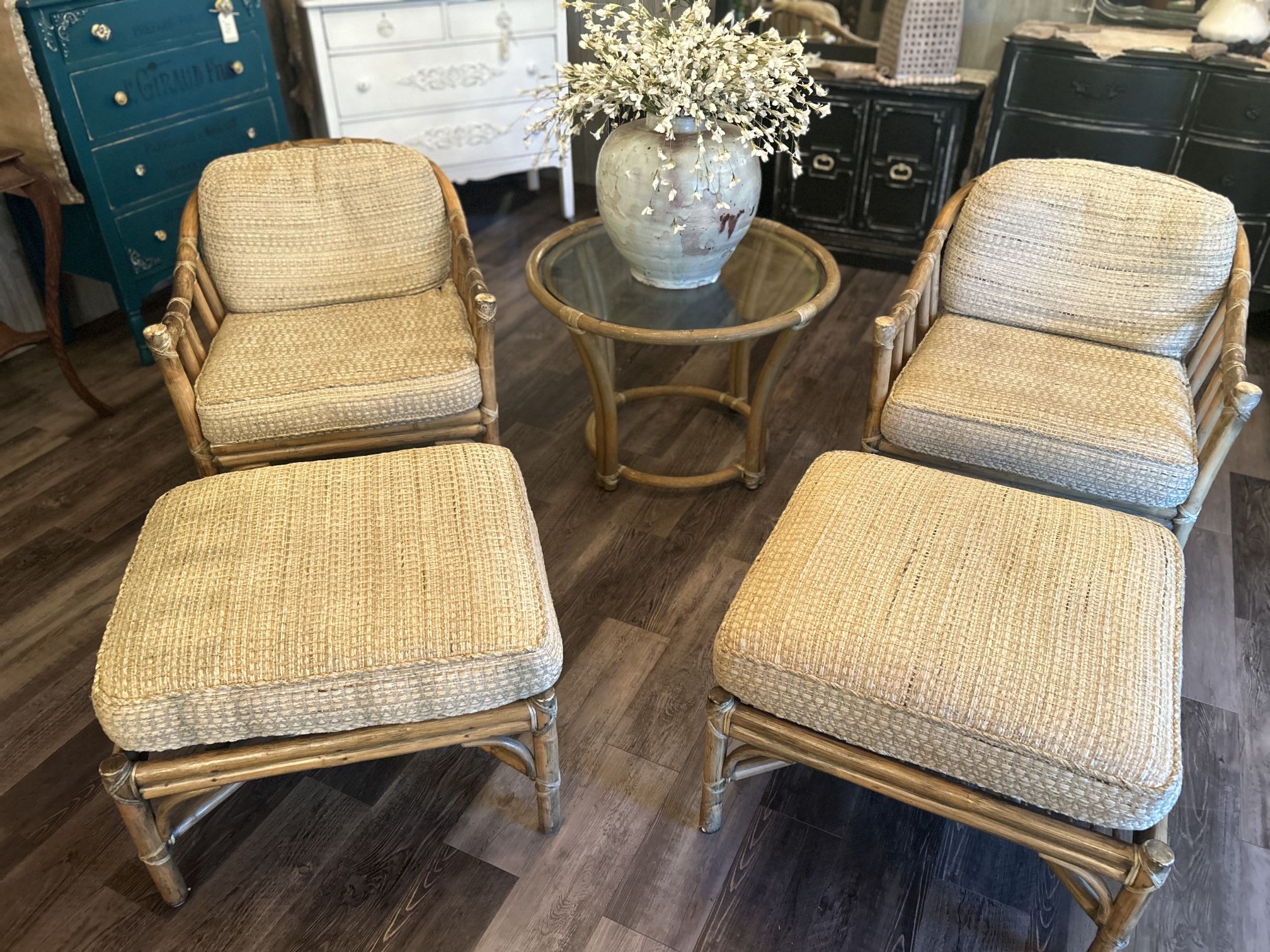 Vintage MCM McGuire Rattan 2 Chairs & Ottomans & Table 