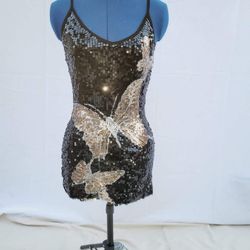 Black Gold& Silver Sequined Butterfly Little Black Dress