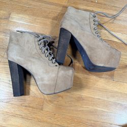 Jeffrey Campbell Lita Taupe Suede Platform Lace-Up Ankle Boots Size 7.5