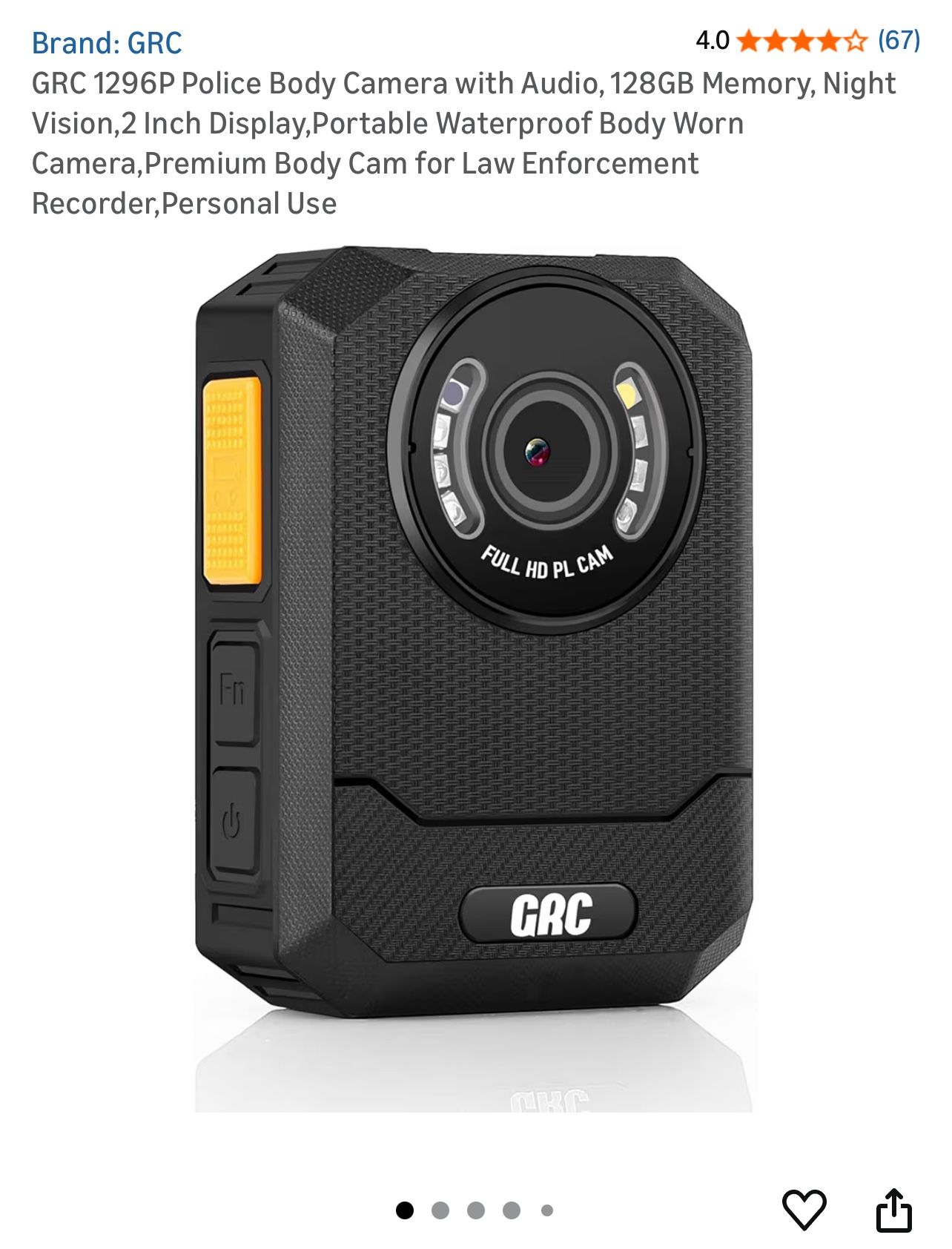 GRC 1296P Police Body Camera with Audio, 128GB Memory, Night Vision,2 Inch Display,Portable Waterproof Body Worn Camera,Premium Body Cam for Law Enfor