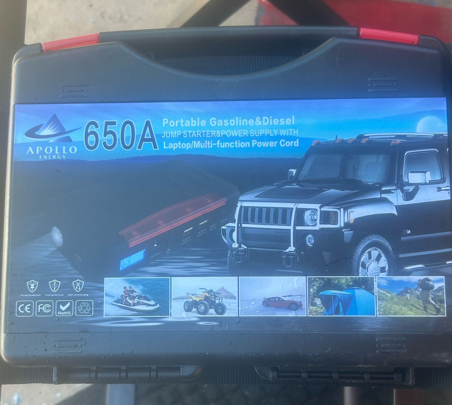 Brand new car jumper and portable charger and it also has a flash light can jump any size car or truck never been used come with car charger and a hou
