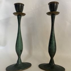 Candlestick holders Made in Israel Hakuli brass green enamel Beautiful 1940’s Vintage Set art deco