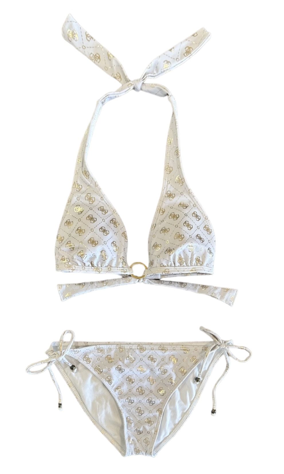 Guess Los Angeles White And Gold Logo Bikini Set Top M Bottoms L Side Ties Gold
