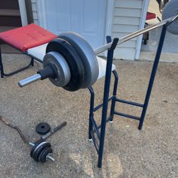 Flat Bench With Barbell, Preacher Curl Bar And Various Weights 