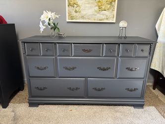 Refinished Gray Wood Dresser with 9 Drawers
