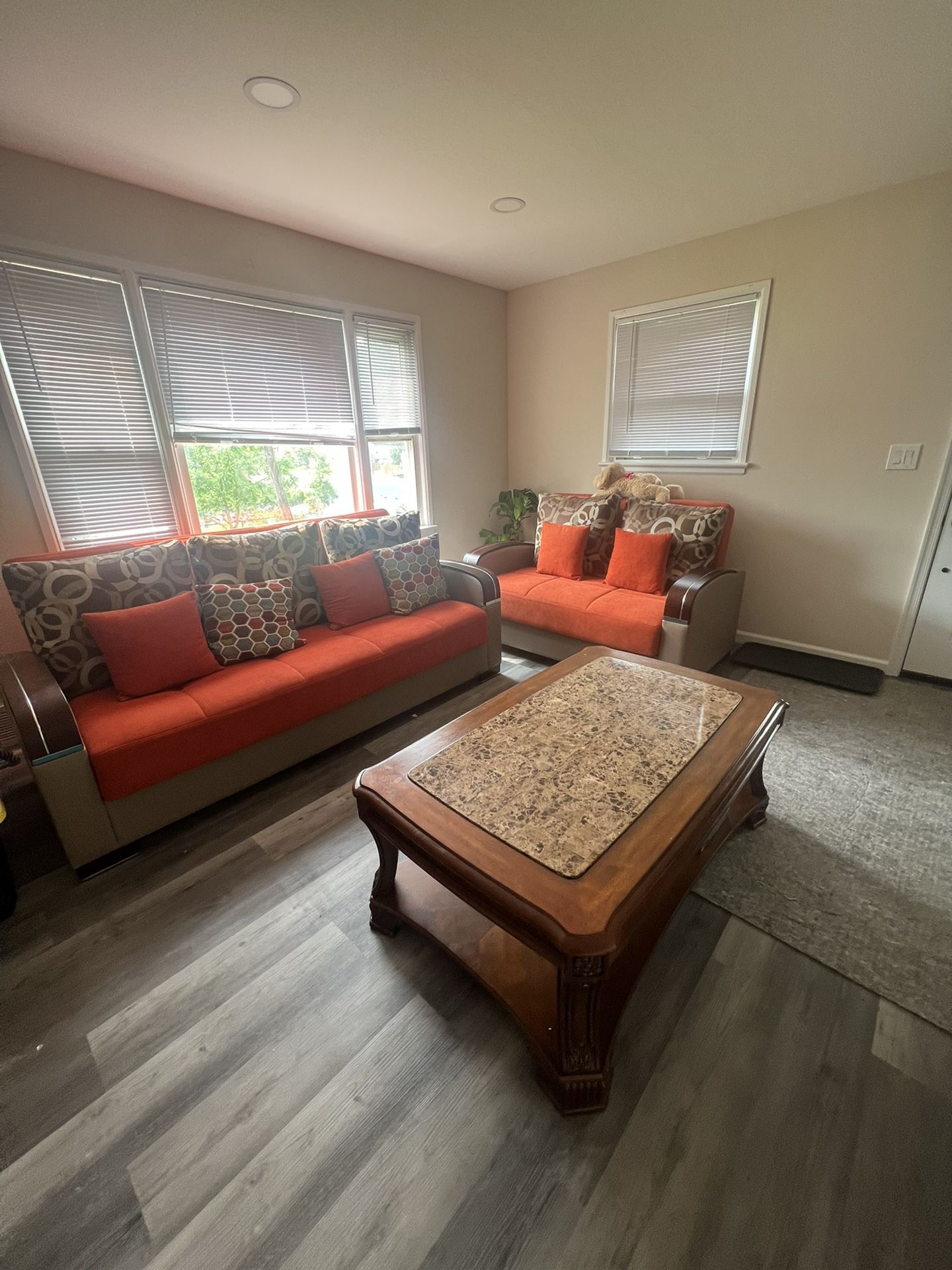 Full Living Room: Big sofa , Small Sofa , and Marble Coffee Table 