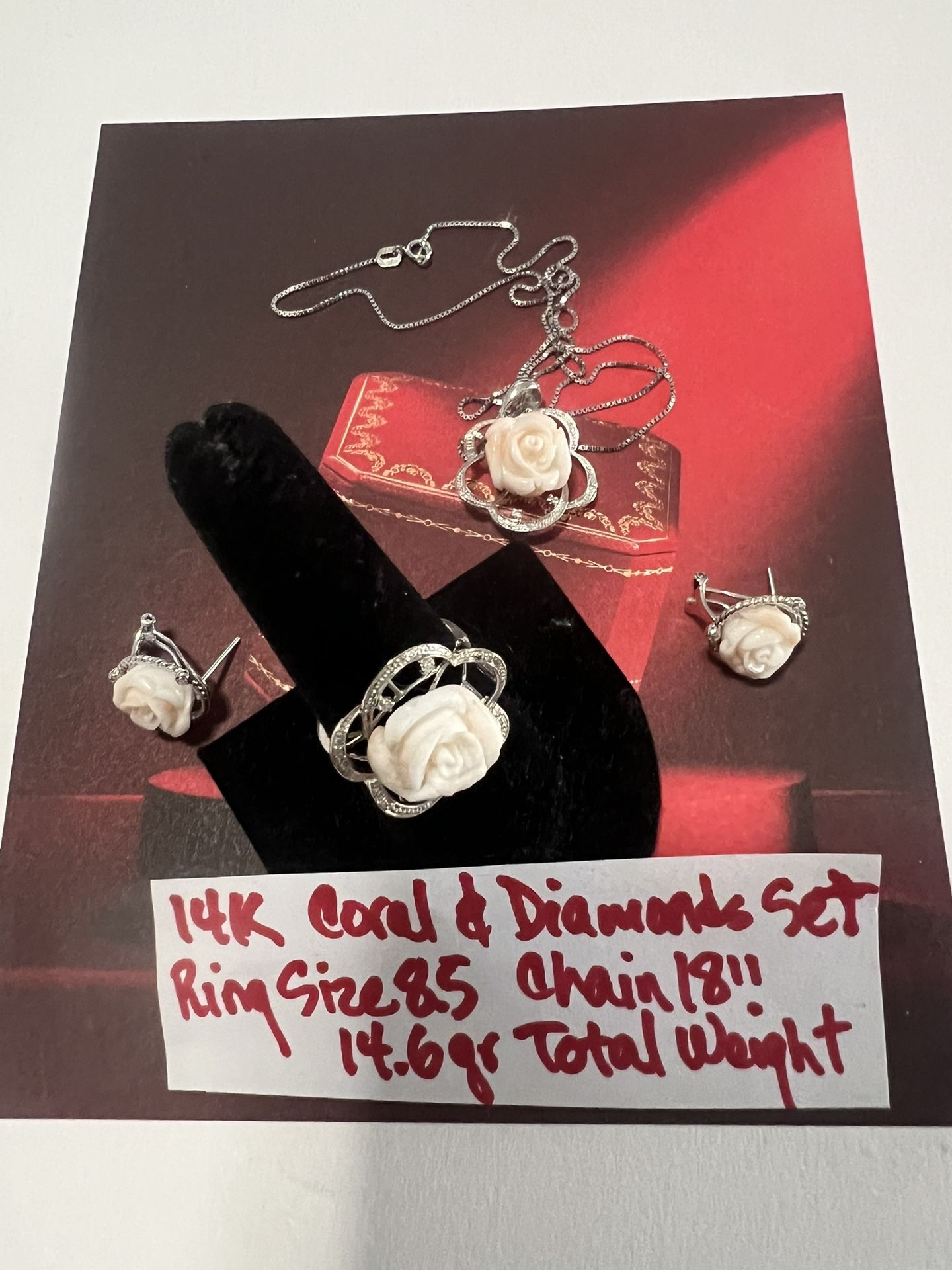 For Wedding 14K Solid White Gold Set ( Coral and Diamonds 💎) CHAIN PENDANT RING AND EARRINGS 