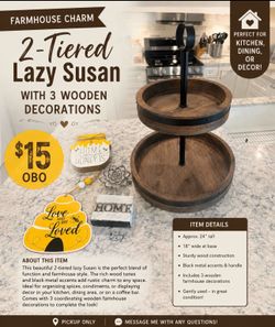 Farmhouse 2-Tier Wooden Lazy Susan + 3 Decorative Signs