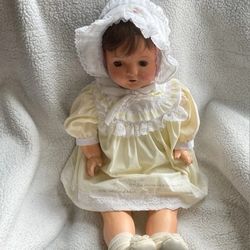 ANTIQUE 27" BABY doll CLOTHES Linen Dress and BONNET