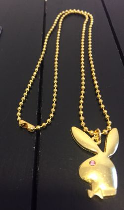 Gold Tone Playboy Bunny Necklace with Pink Swarovski Glass Crystal Eye