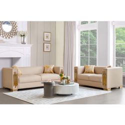 Cream Faux Leather Fabric with Gold Trim  Sofa Loveseat Set $1,100 Chair $440 Brand New In Box Firm Price 