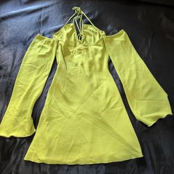Lime Green Off Shoulder Mini Dress Size Small – Tie Front, Long Sleeve