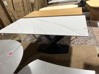 Artificial Marble Dining Table, Modern 71”Sintered Stone Dining Table for 6-8 Seat, White Rectangle Dining Room Tables with Black Metal Simple X-Legs 
