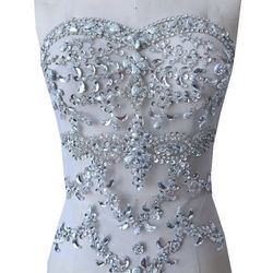 Handmade Silver Crystal Patches Sew On Rhinestone Appliques On Mesh With Stones Sequin Beads 15.7x12.6 in