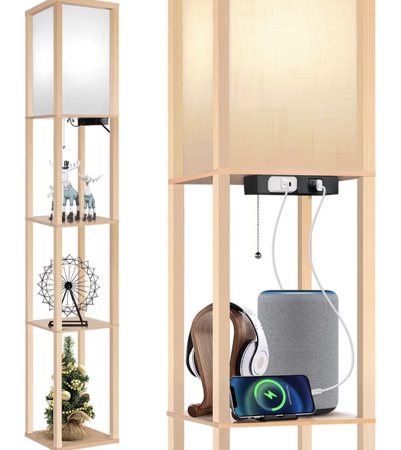 63" Floor Lamp w/ Shelves LED Shelf with 1 USB & Outlet 3 Color Temperature Storage Organizer Wood