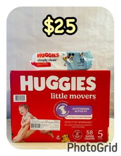 Huggies Little movers size 5 (58 diapers) & Huggies baby wipes (64 ct), $25 for all‼️