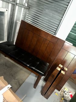 Wood Bench with Black Tufted Leather Seat