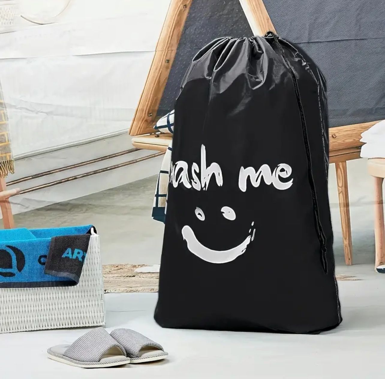 1pc Printed Laundry Storage Bag With Drawstring Design At The Mouth Of The Bag, Laundry Room Storage Bag, Laundry Room Accessories, Laundry Room Decor