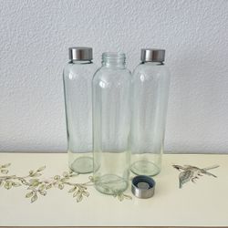NEW! Glass Bottles (Set of 3) 24 oz Water/Juicing/Smoothie w/Stainless Steel Caps 