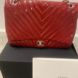  Chanel Classic Single Flap Bag Chevron Patent Jumbo