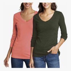 Eddie Bauer Women's Long Sleeve V-Neck 2-Pack T-Shirts Medium,Olive, Rose colors