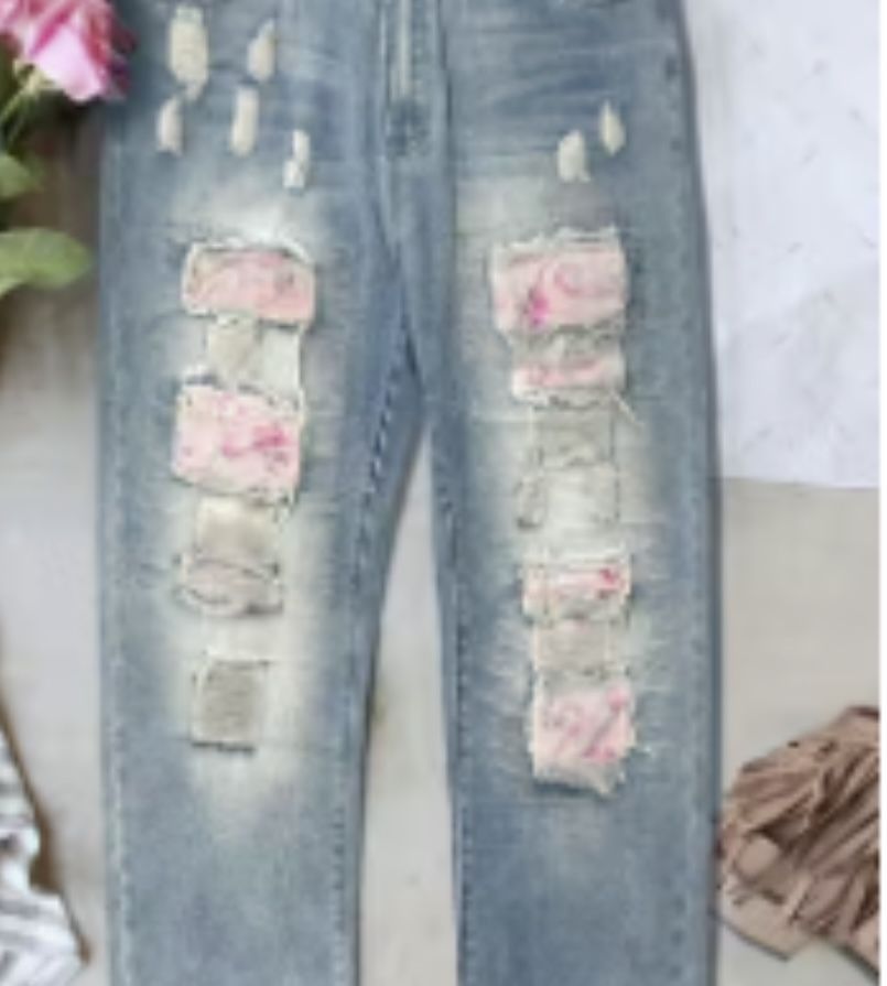 New Plus Size Patchwork Distressed Light Blue Jeans