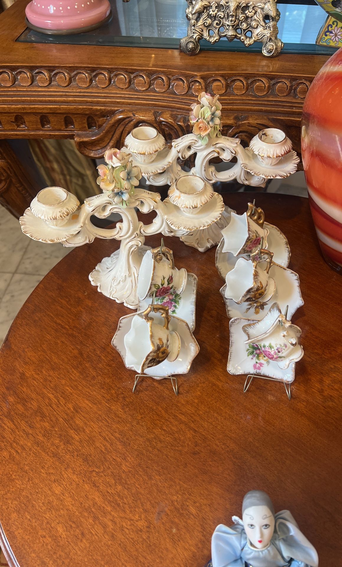 19th-Century German Dresden Porcelain Candelabra + Miniature Teacup And Saucer