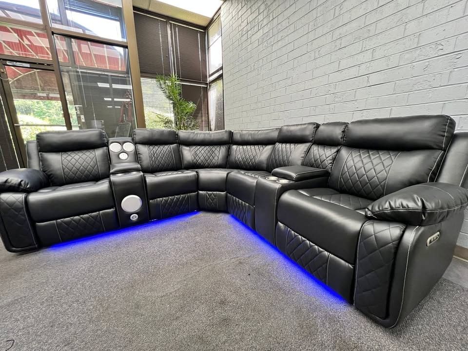 Leather Black Recliner Sectional Sofa W BT Speaker LED & Cup Holders