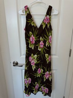 Jones New York Signature 100% Silk Floral Dress 12 Brown Pink Hibiscus