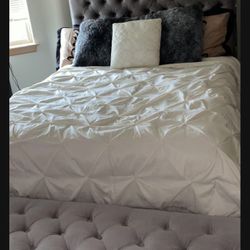 Grey Queen Bed with Mirror Trimming on Bed with Ottoman and IKEA Dresser