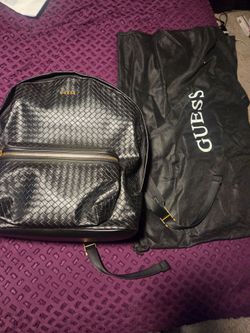 GUESS Black Woven-Texture Backpack with Gold Zipper Accents