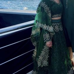Green Net Embroidered A Line Lehenga