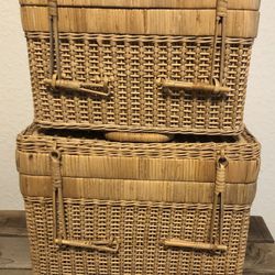 Usually 45.00 Each , Today Both $40! Vintage Rattan wicker picnic basket tan woven storage handled case and Lock