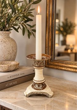 Vintage-Style Ornate Candlestick Holder – Brown & Cream