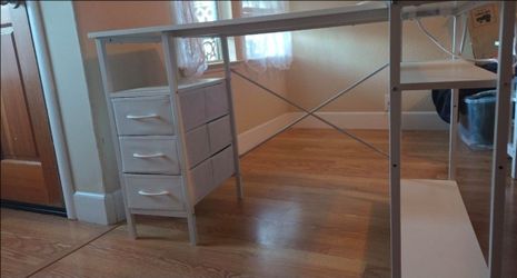 White Desk with Drawers and Power Strip