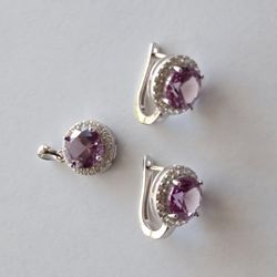 925 Sterling Silver Created Alexandrite Sapphire Jewelry Set Incl Pendant And Earrings 