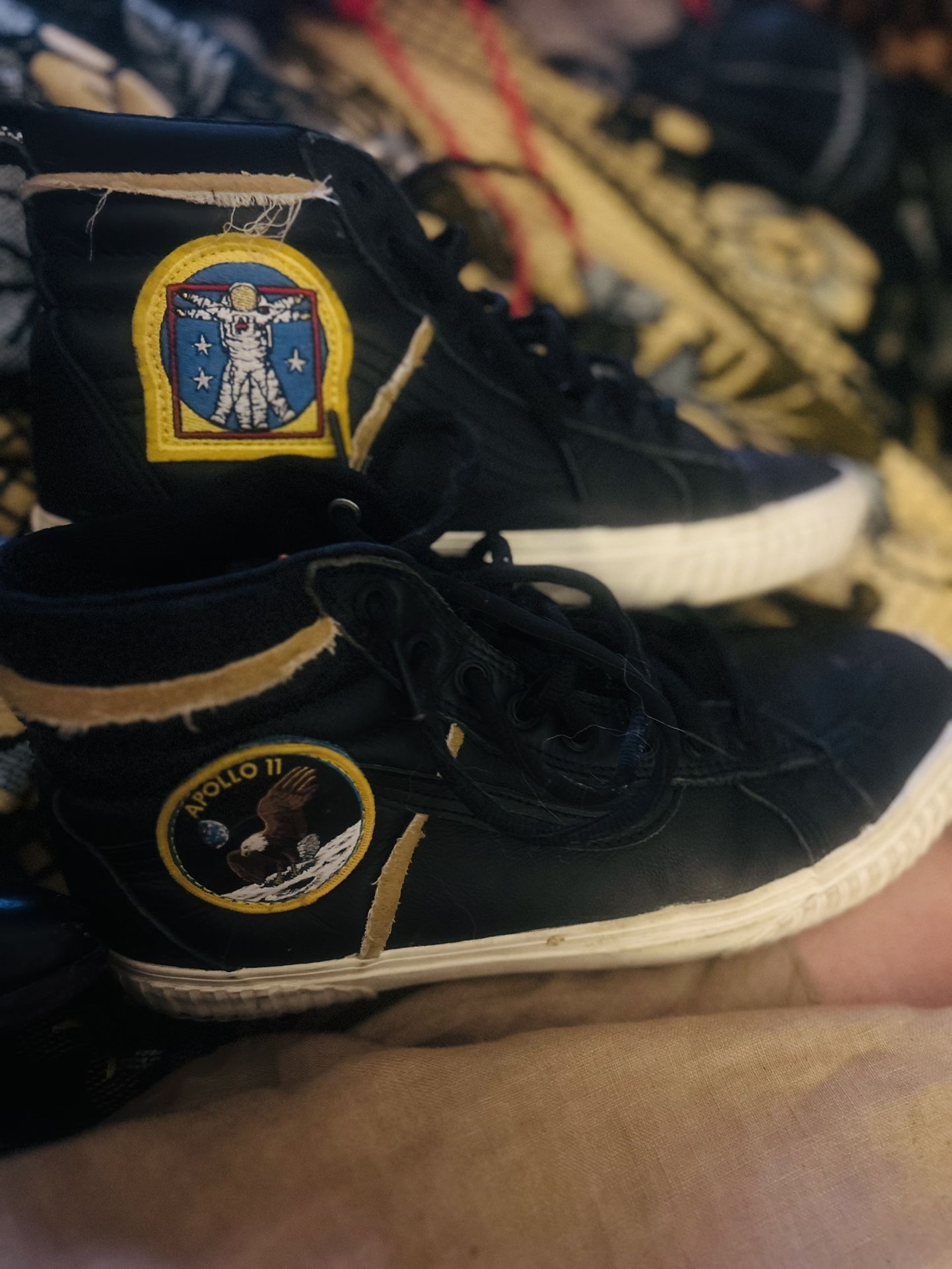 New Vans Sk8-Hi 46 MTE DX 'Space Voyager' sneaker in black leather, featuring embroidered NASA and Apollo 11 mission patches.