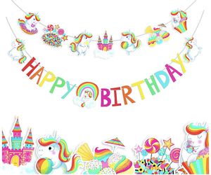 Unicorn Themed Party Supplies Happy Birthday Banner Decorations Decor Backdrop and cupcake wrappers and toppers